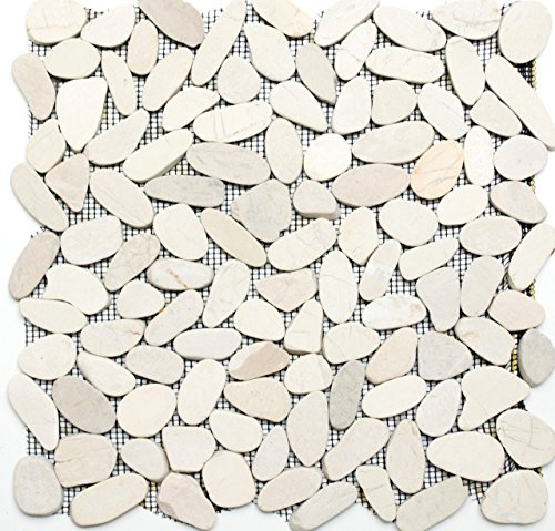Mosaico Tagliato Ciottoli Bianchi, Pietra di Fiume per Parete e Piatto Doccia - 10 Tappetini
