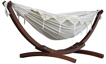 Vivere C8SPCT-00 Doppelhängematte aus Baumwolle mit stabilem Bogengestell aus Massivkiefernholz – Natural, 254 x 117 x 104 cm