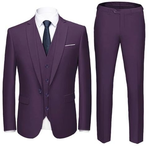 YOUTHUP Costume Homme 3 Pièces Slim Fit Customes Mode Affaires Mariage | Veste Gilet Pantalon, 1 Bouton, Revers Crantés, Fentes Latérales, Couleur Unie, Elégant, Formelle, Costard, Smoking