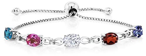 Gem Stone King Customized and Personalized 5 Oval Gemstone Birthstone and White Lab Grown Diamond Tennis Bracelet For Women | 925 Sterling Silver | Adjustable Bolo Bracelet For Women