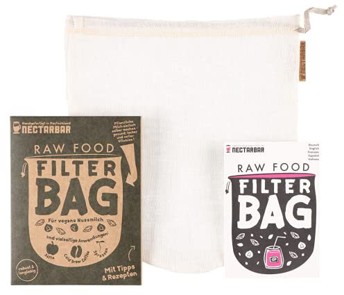 NECTARBAR Nussmilchbeutel aus ECO Leinen 24 x 27 cm - nut milk bag - Filterbeutel waschbar für Pflanzenmilch - Kordelbeutelzug für vegane Hafer-Milch - Passierbeutel plastikfrei - Made in Germany