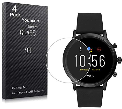 Youniker 4 Pack Compatible with Fossil Gen 5 Carlyle Screen Protector Tempered Glass for Fossil Men Gen 5 Carlyle HR Smartwatch Screen Protectors Cover 9H 0.3MM Anti-Scratch No Bubble