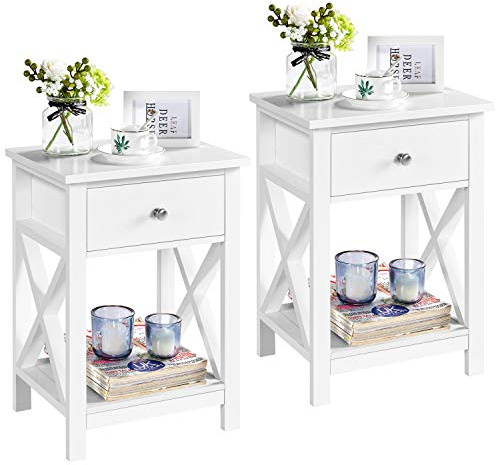 Yaheetech Set 2 Comodini Camera da Letto Bianco Comodino con Cassetto 55 x 40 x 30 cm Tavolino Lato da Divano Stile Shabby Chic Mobiletto da Salotto