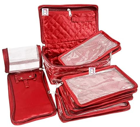 atorakushon Satin Makeup Kit Travel Jewelry Organizer Locker Box Pouches Clutch Bag for Necklaces Earrings Rings and Bracelets Maroon Color