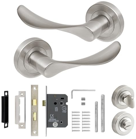 Decoranddecor Brushed Chrome Door Handle Levers Aluminium Alloy Handles Lever with Bath Lock Kit