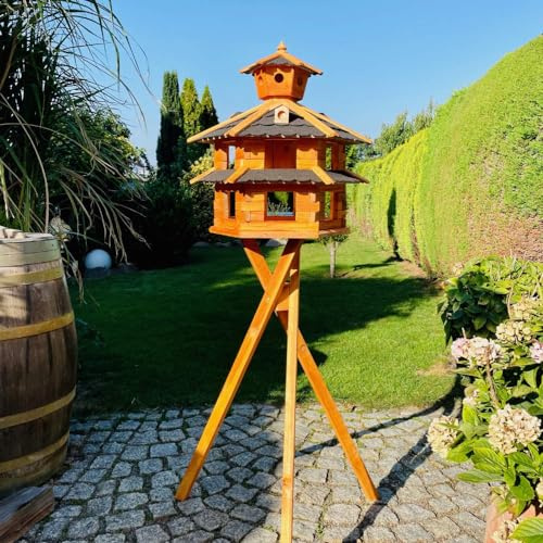 DARLUX Villa para pájaros resistente a la intemperie, de L a XXL, comedero con o sin soporte, en color marrón con rojo, verde o azul, para jardín y balcón (tamaño XXL con soporte, negro – marrón)