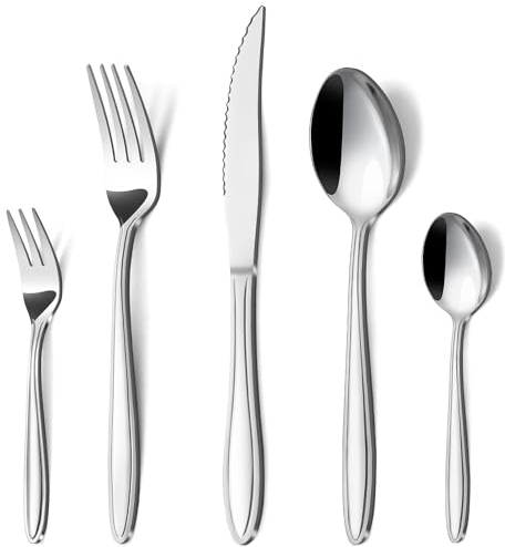 Hunnycook Set di 30 posate in acciaio inox per 6 persone, con manico a righe, set di posate elegante con coltello, forchetta, cucchiaio per casa, ristorante, festa, per feste