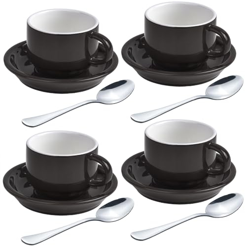 homEdge Espressotassen mit Untertassen und Löffeln, 70,9 g, Schwarz, aus Porzellan, 4 Stück
