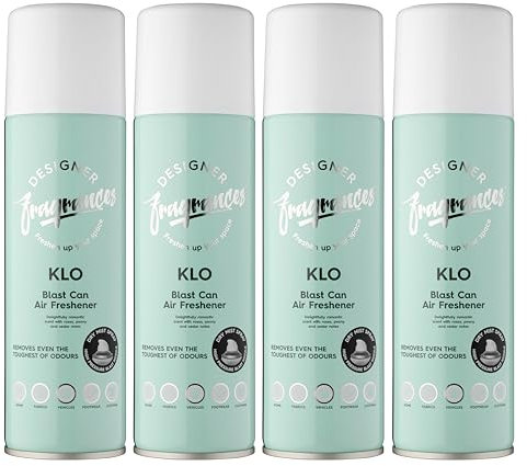 Designer Fragrances 4 Pack Klo Air Freshener Blast Cans - For Home & Vehicles – Natural Oils, Luxury Lasting Smell, Dry Mist Quick Release Spray – Deodorise & Neutralise Odours – 300ml