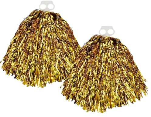 2Pcs Cheerleading Pom Poms Shining Metallic Foil Cheerleader Pom Poms Handheld Cheerleader Pompoms with Plastic Finger Ring for Sports Team Spirit Cheering (Gold)
