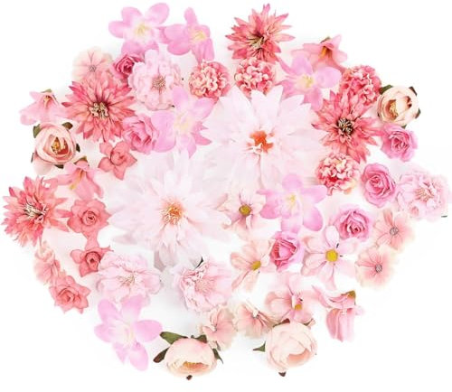 XZSKD 24pcs Pink artificial flowers, silk flowers, pink flowers, flower heads, Decoration Mini Silk Pink Flower Heads Bulk Mix for DIY Wedding Party Hair Accessory Scrapbooking Home Decor