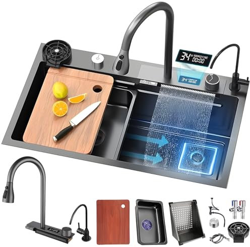 DSMRLEOP Évier de cuisine rectangulaire en acier inoxydable, noir, cascade, 1 bac, siphon, trop-plein et bonde, multifonction, moderne, avec kit d'accessoires (75 x 45 cm)