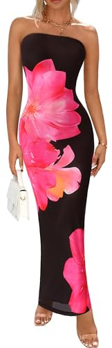 PRETTYGARDEN Women Summer Strapless Maxi Dress Bodycon Floral Sexy Long Wedding Guest Dress Formal Tube Mesh Cocktail Dresses(Black Pink Flower,Small)