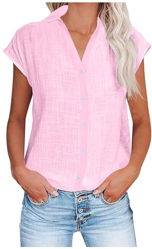 Keepink Women Linen Shirt Cap Sleeve V Neck Button Down Shirts Loose Dressy Casual Blouses Elegant Collared Tops Work Office Blouse Ladies Summer Top Going Out T-Shirts Large