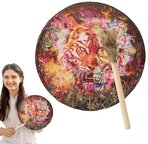 Handgjord shamanisk handtrumma – shamantrumma i PU-läder med | Round Spiritual Music Drum, inklusive vintage träklubbsverktyg, ritual och meditation för och crystal