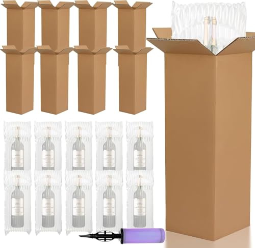 25 Sets Wine Shipping Box, 13 x 13 x 38 cm Single Wine Bottle Cardboard Protector Bags with Pump, for Shipping Travel Moving Safety of Glass Bottles, Kraft, PE and PA Material