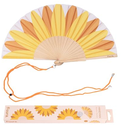 Fisura – Ventaglio in legno con stampa girasole. Accessorio vivace e moderno, ventaglio a mano giallo con gancio pratico. Dimensioni: 42,5 x 23 cm