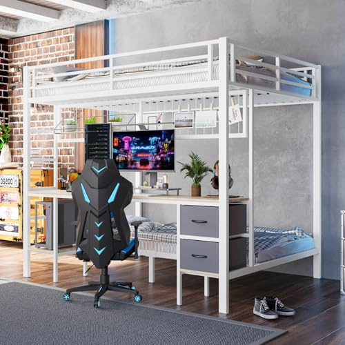 PUGSDRLY Lit Mezzanine 2 Places avec Bureau et étagères,Lit Superposé 140x200 et 90x200,2 Tiroirs,Bande LED et Port USB,Grille Suspendue,Cadre en Fer pour Enfant Adolescent Adulte (Blanc)