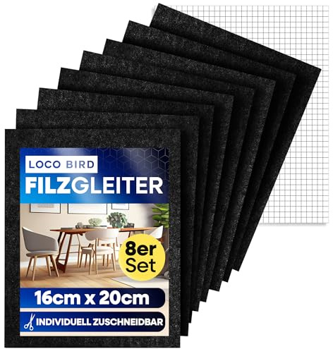 Loco Bird Filzgleiter Stühle Selbstklebend zum Zuschneiden - 8 Stück 16 x 20cm - 4mm schwarz, Möbelgleiter für Parkett, Parkettschoner für stuhlbeine, Filzplatten, Bodenschoner