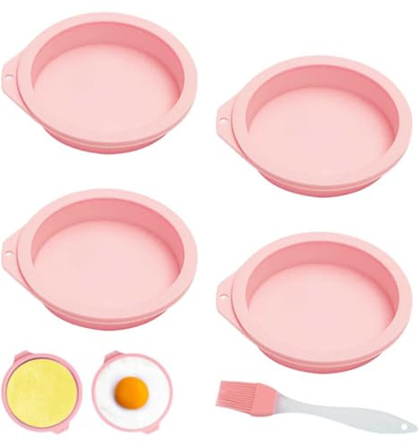 Air Fryer Egg Mold, 4 Pcs Silicone Egg Bite Molds with Brush, Round Silicone Pans, Non Stick Moulds for Air Fryer Muffin Lids Cake Sandwiches (Pink)