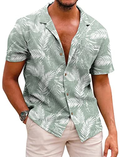 COOFANDY Camicia Uomo Maniche Corte Hawaiana Estate Lino Casual Regular Fit Cotone Verde Grigio L