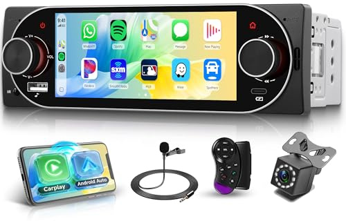Rimoody Autoradio 1 Din con Wireless Carplay Android Auto iOS/Android Mirror Link, 5.1 Pollici Touchscreen Autoradio con Bluetooth 5.2 FM Radio USB/AUX/EQ Comandi al Volante Telecamera Posteriore