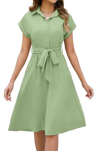 HEEKPEK Vestito Donna Estivo Manica Corta Casual Abito Scollo a V Vita Alta A Line Abiti Lungo Elegante Abito Camicia Colori Solidi Vestiti con Tasche e Cintura (Verde, XL)