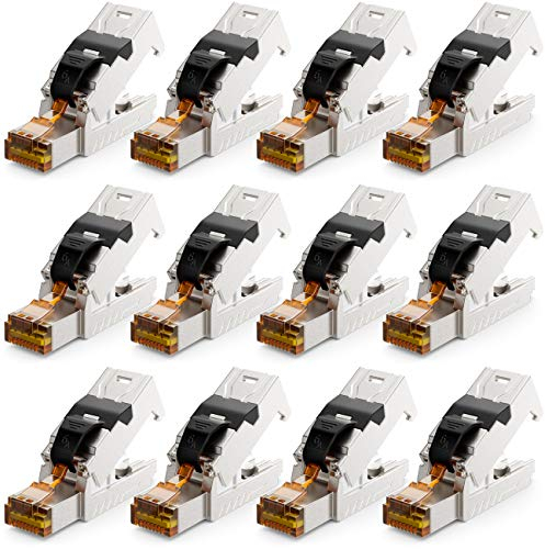 deleyCON 12x RJ45 Stecker 10 Gbit/s Werkzeuglos Schneidklemme LSA für LAN Ethernet Verlegekabel - für Netzwerkkabel CAT6a CAT7 CAT7a CAT8 PoE Kabel Geschirmt Metallgehäuse