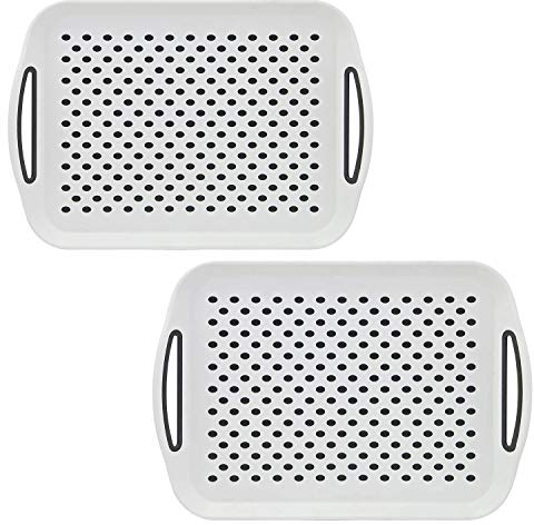 Taylor & Brown 2 x Set of Anti-Slip Rectangular Non-Slip Top and Bottom Plastic Dinner/Drinks Serving Tray with High Grip Rubber Surface, Easy Grip Handles (2 White)