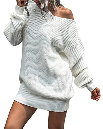 Onsoyours Vestido de Suéter de Punto Suelto Sin Tirantes con Manga de Linterna de Otoño Invierno para Mujer Falda Larga de Punto Informal de Color Puro Blanco M