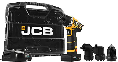 JCB 12V 4 in 1 Cordless Drill Driver, 2.0Ah Battery, Fast Charger, Variable Speed & Built in LED Light, 19+1 Position Torque in Power Tool Case, 3 Year Warranty