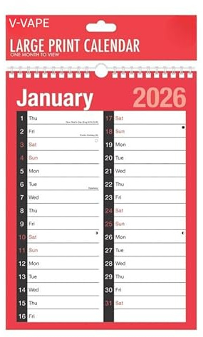 V-VAPE 2026 A4 2 Column Spiral Bound Month Wall Planner Calendar for Home Business Office School