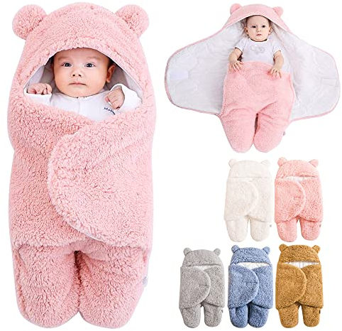 Tyuodna Baby Schlafsack Neugeboren,Plüsch Warme wickeldecke Baby,Weich Gefüttert Pucksack,Baby Decke Pucktuch Swaddle mit Kapuze für Säuglinge Babies Neugeborene Unisex Baby (rosa, 3-6 Monate)