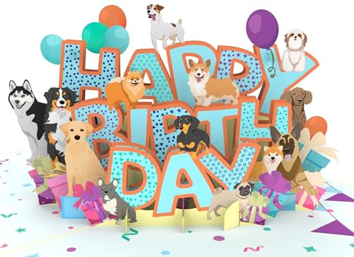 MOKIO® Tarjeta de Cumpleaños Pop-Up – Happy Birthday Perros – Tarjeta de felicitación 3D para un cumpleaños, Perro Tarjeta de regalo emergente con sobre
