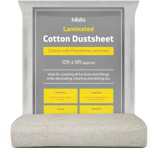 Premium Quality Cotton Dust Sheets for Decorating, Waterproof 12ft x 9ft Dust Sheet Twill Laminated Polythene Backed Reusable Paint Sheets for Furniture, Painting, Floor, Staircase and DIY Projects