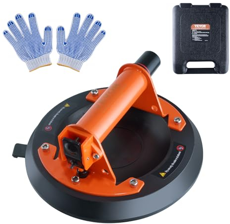 VEVOR Ventosa de Vidrio 203 mm Ventosa para Azulejos Carga 278 kg con Mango Acero, Caja de Transporte de PP, Guantes, Ventosa de Elevación para Placas de Vidrio, Granito, Azulejos, Metal, Madera