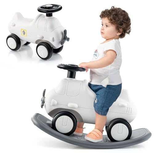 GYMAX Kids Rocking Horse, 3 in 1 Toddler Ride On Car with Detachable Balance Board, Foot to Floor Sliding Car Indoor Rocking Toy for 18-72 Months Boys Girls (White + Grey)