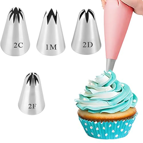 Tomedeks Set di 4 Bocchette sac a Poche Professionali Acciaio Inossidabile Taglia Media (1M+2C+2G+2F) per Decorare Cupcakes, Torte, Biscotti & Churros - Bocchette per Pasticceria