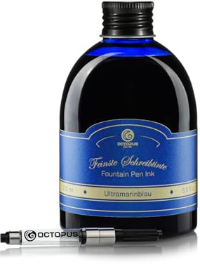 Octopus Fluids Klassik Füllhaltertinte Ultramarinblau - Set mit 250ml Nachfüllflasche & Tinten-Konverter, hochwertige Schreibtinte für Füllhalter und Schreibfedern