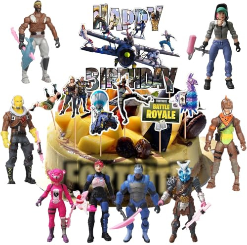 behone Fortnit minifigurer, 17 x Fortni tema tårtdekorationer, Fortni födelsedagstårta dekorationssats, Fortnit-figur, grattis på födelsedagen, festdekoration, för barntemafest