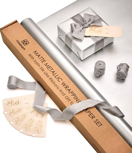 Vitalizart Silver metalliskt presentpapper, 76 cm med 3 rullar silverband och 6 presentetiketter, vattentätt lyxigt presentpappersset för födelsedag, bröllop och jul