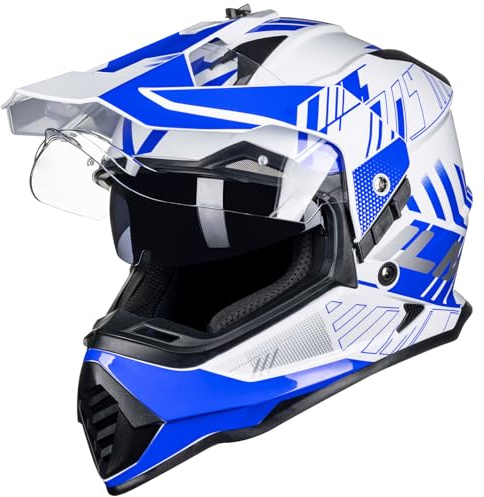 ILM Casque Moto Cross Homme Femme ECE Homologué Casque VTT avec Double Visière DH Enduro Quad Motocross WS902, Bleu Blanc, M