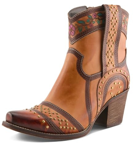 L’Artiste SADDLEUP Western Leather Boot – Floral Embossed Mid-Calf Cowgirl Boot with Stud Accents & Side Zipper CAMEL MULTI EU 38 / US 7.5-8