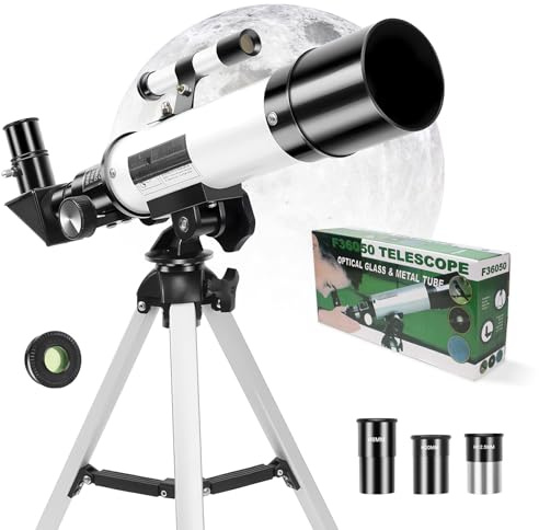 Telescopes for Kids & Beginners, 50mm Aperture 360mm Refractor Telescope, Portable Travel Telescope with 3 Eyepieces, Adjustable Tripod, Phone Adapter for Moon, Planets, Stargazing Gift (White)