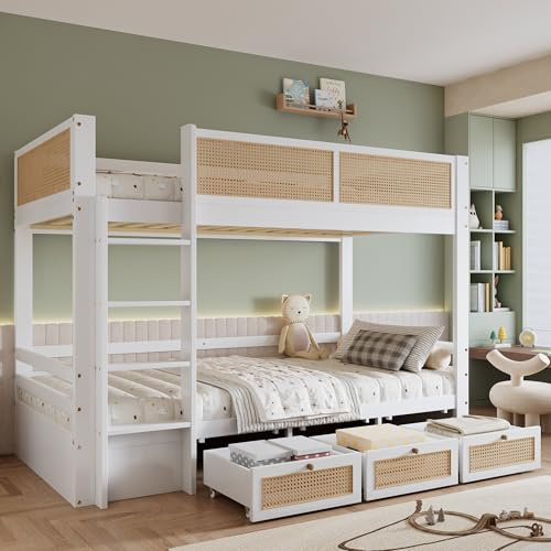 Merax Etagenbett Hochbett für Kinder Sicherheitsbett mit Gitter,Rattan Zaun, 90x200 cm, mit 3 ROLLSCHUBLADEN & Stabilem Lattenrost, 4-Stufen Leiter, Ohne Matratze, Weiß-Natur (Kiefer, MDF)