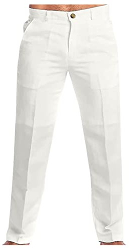 Pantalones de lino para hombre, pantalones de verano, pantalones de ocio, ligeros, con cordón, bolsillos, pantalones de tela, corte holgado, Baggy, algodón, largo, A47, Blanco, L