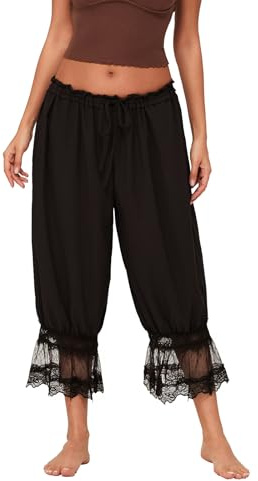 Qianderer Women Lace Trim Long Bloomers Elastic Mid Rise Ruffle Pantaloons Pettipants Under Dress Cropped Flared Slips Pants Pajama Bottoms
