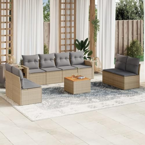 YUTAASU Set di divani da giardino da 9 pezzi con cuscini beige, in polyrattan, set modulare con tavolino e ripiani, mobili durevoli in rattan sintetico per terrazza, esterni, gruppo di sedute