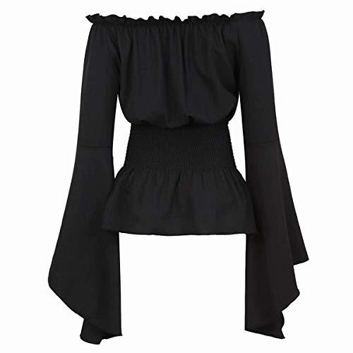 Dam Renässans Toppar Medeltida Långärmad Off axeln Pirate Shirt Gotisk bonde blus Smocked Boho Svart S