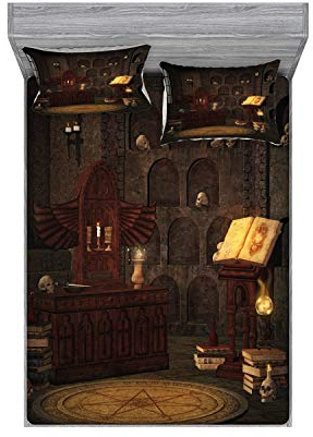 Ambesonne Gothic Fitted Sheet & Pillow Sham Set, Chamber of Secret Rite with Skulls on The Wall Sorcery Spell Image Print, Decorative Printed 3 Piece Bedding Decor Set, Queen, Brunette Brown